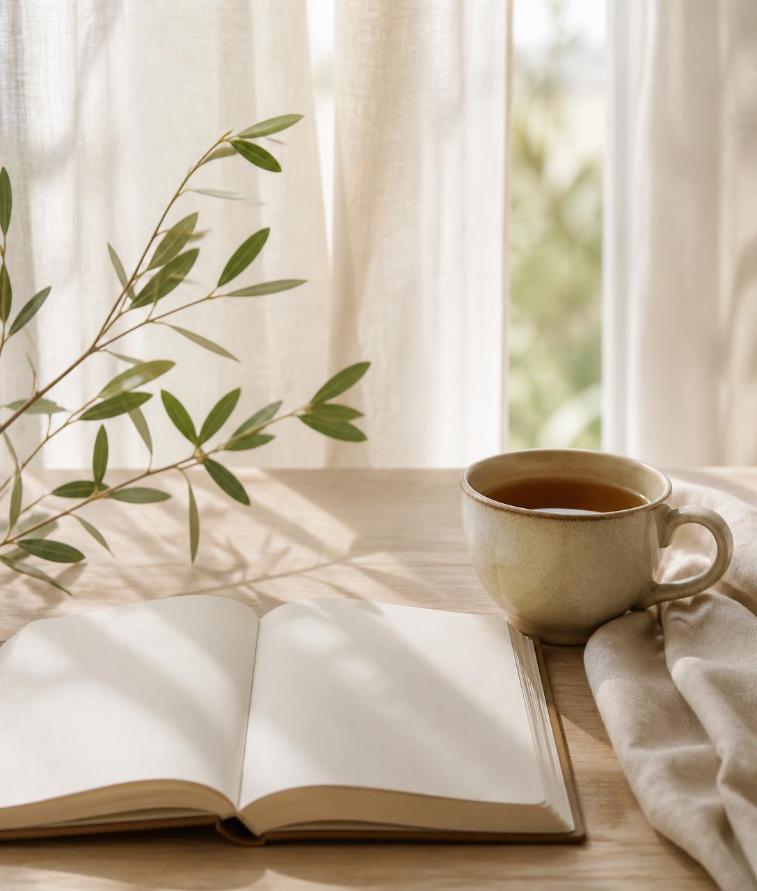 Tea and an open journal in peaceful morning light